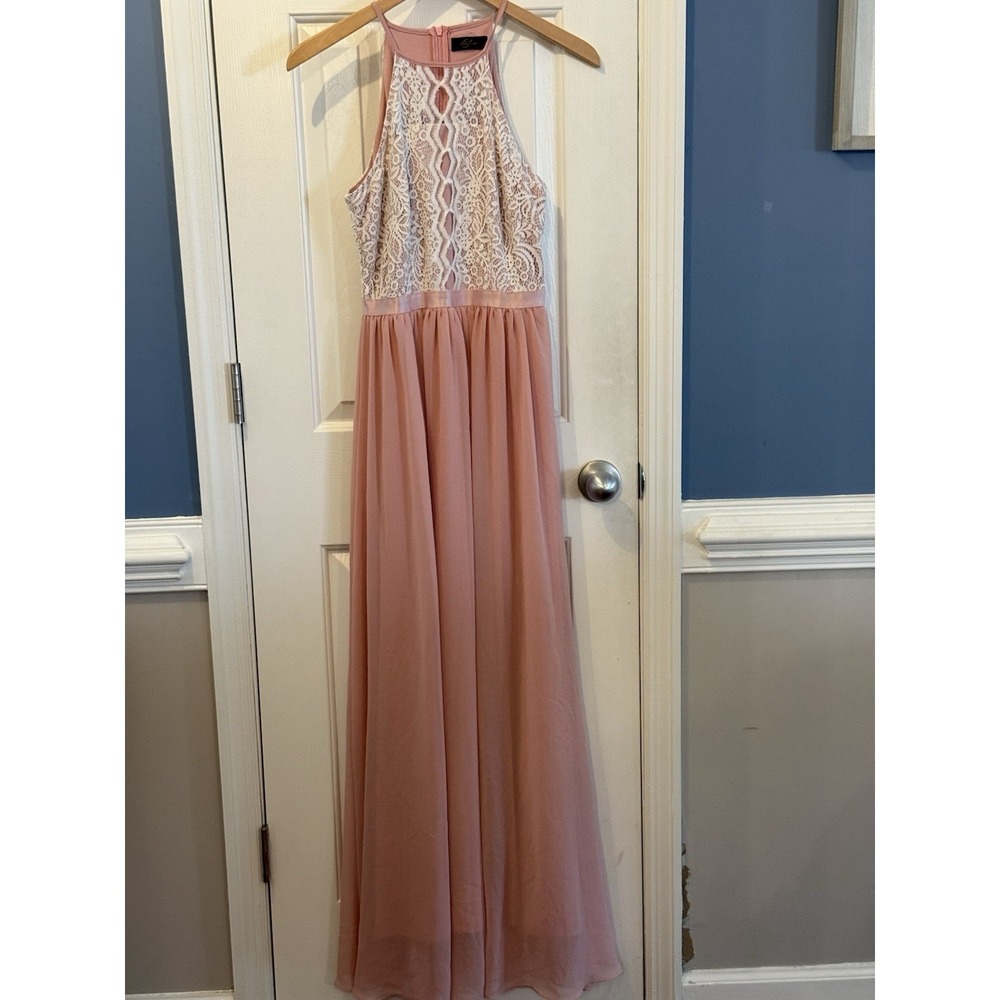 DressyStar Blush Cream Lacey Long Sleeveless Dress Sz Small Formal Wedding Party